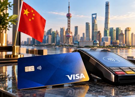 Blaue Visa-Kreditkarte neben einem kontaktlosen Zahlungsterminal. Im Hintergrund sind die chinesische Flagge und die Skyline von Shanghai zu sehen.